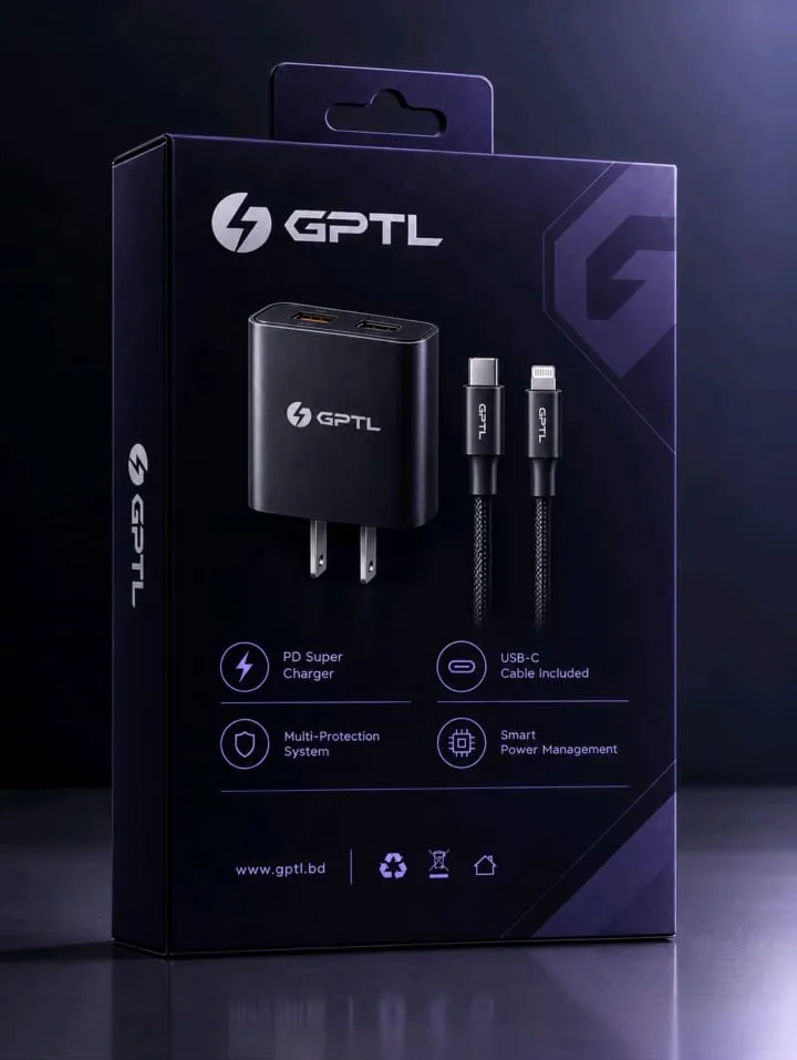 Black GPTL charger and braided cables in a dark retail box