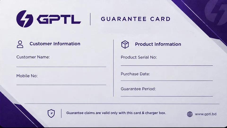 Back of the GPTL guarantee card with fields for customer name, mobile number, product serial number, purchase date and guarantee period