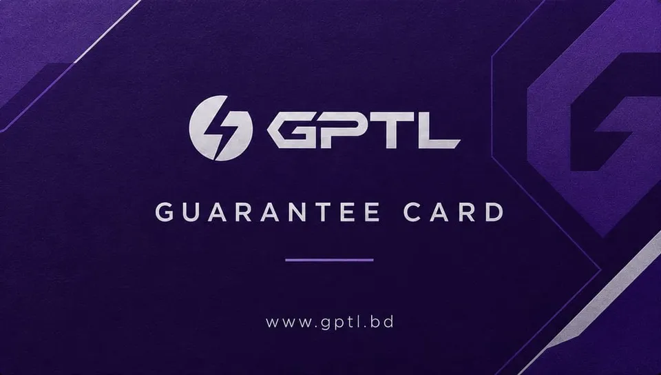 Front of the purple GPTL guarantee card with the GPTL logo and www.gptl.bd