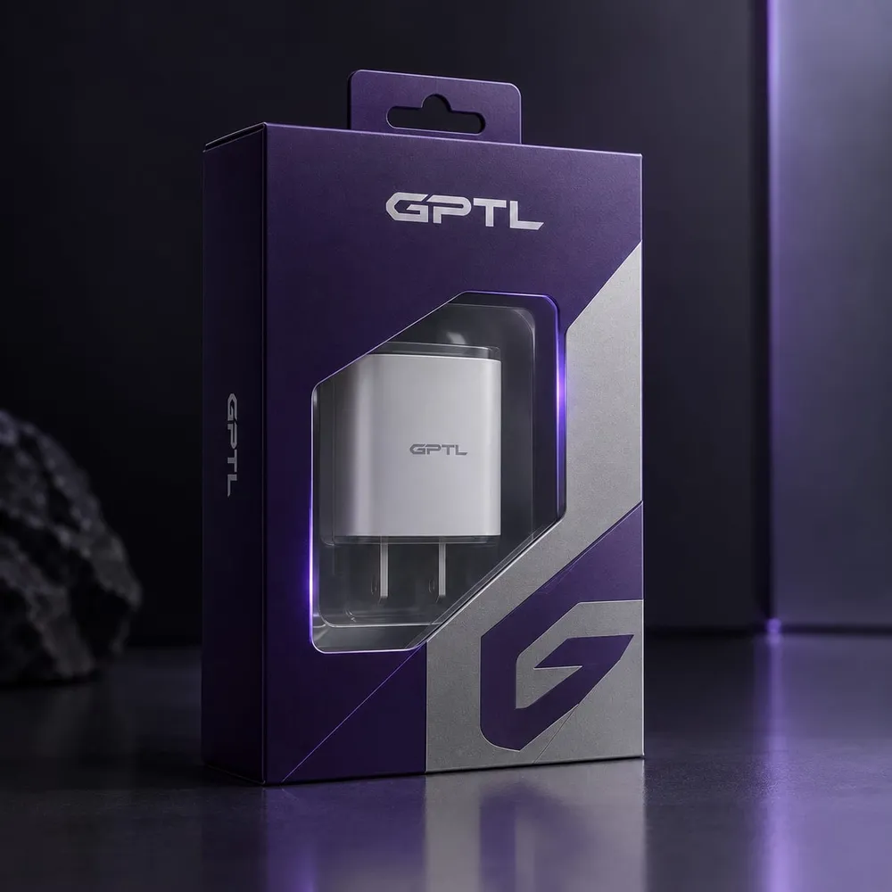 GPTL wall charger in its purple retail box with a clear window